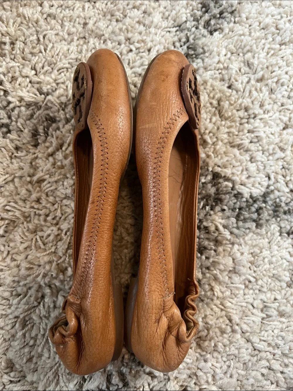 TORY BURCH Cognac Leather Logo Ballet Flats